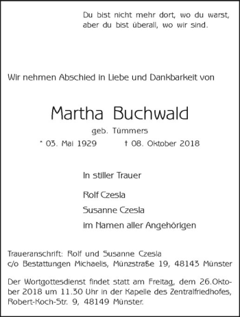 Anzeige von Martha Buchwald von Westfälische Nachrichten