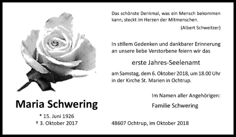  Traueranzeige für Maria Schwering vom 02.10.2018 aus Westfälische Nachrichten