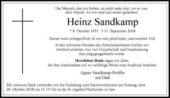 Anzeige von Heinz Sandkamp von Westfälische Nachrichten