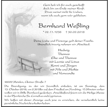 Anzeige von Bernhard Weßling von Westfälische Nachrichten