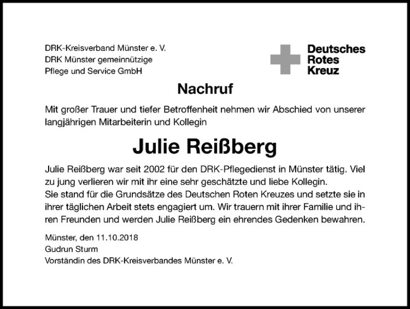  Traueranzeige für Julie Reißberg vom 11.10.2018 aus Westfälische Nachrichten