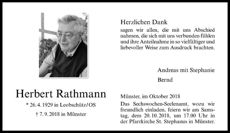  Traueranzeige für Herbert Rathmann vom 13.10.2018 aus Westfälische Nachrichten