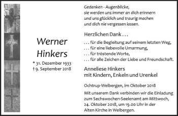 Anzeige von Werner Hinkers von Westfälische Nachrichten
