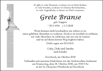 Anzeige von Grete Branse von Westfälische Nachrichten