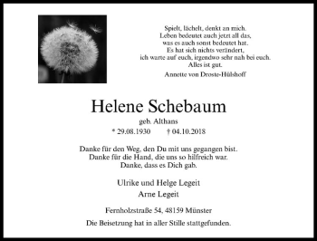 Anzeige von Helene Schebaum von Westfälische Nachrichten