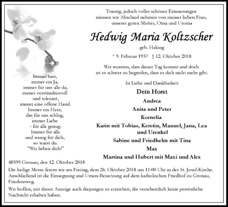  Traueranzeige für Hedwig Maria Koltzscher vom 20.10.2018 aus Westfälische Nachrichten