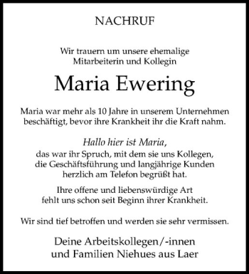 Anzeige von Maria Ewering von Westfälische Nachrichten