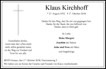 Anzeige von Klaus Kirchhoff von Westfälische Nachrichten