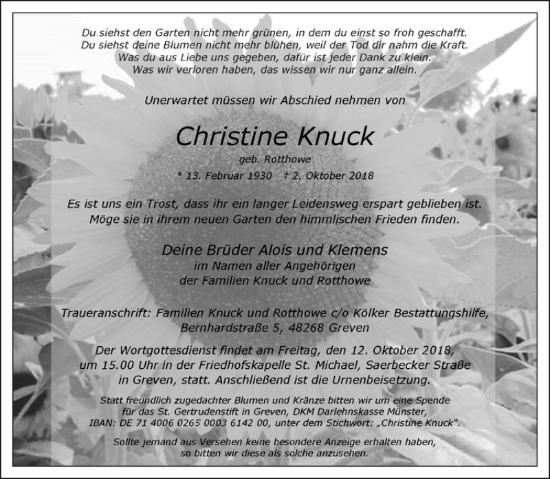  Traueranzeige für Christine Knuck vom 10.10.2018 aus Westfälische Nachrichten