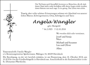 Anzeige von Angela Wangler von Westfälische Nachrichten
