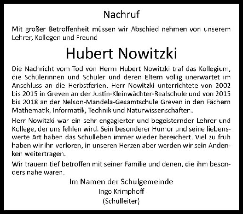  Traueranzeige für Hubert Nowitzki vom 14.11.2018 aus Westfälische Nachrichten