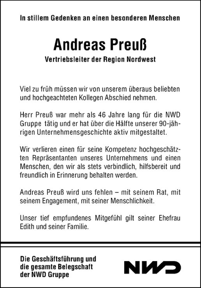  Traueranzeige für Andreas Preuß vom 19.11.2018 aus Westfälische Nachrichten