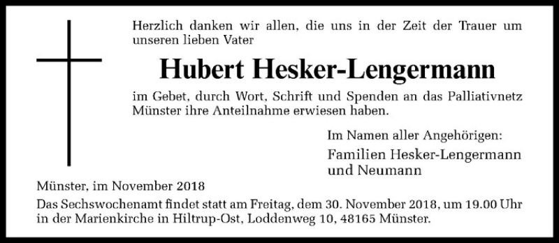  Traueranzeige für Hubert Hesker-Lengrmann vom 28.11.2018 aus Westfälische Nachrichten