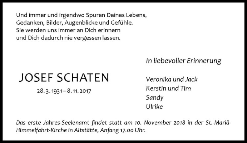  Traueranzeige für Josef Schaten vom 07.11.2018 aus Westfälische Nachrichten