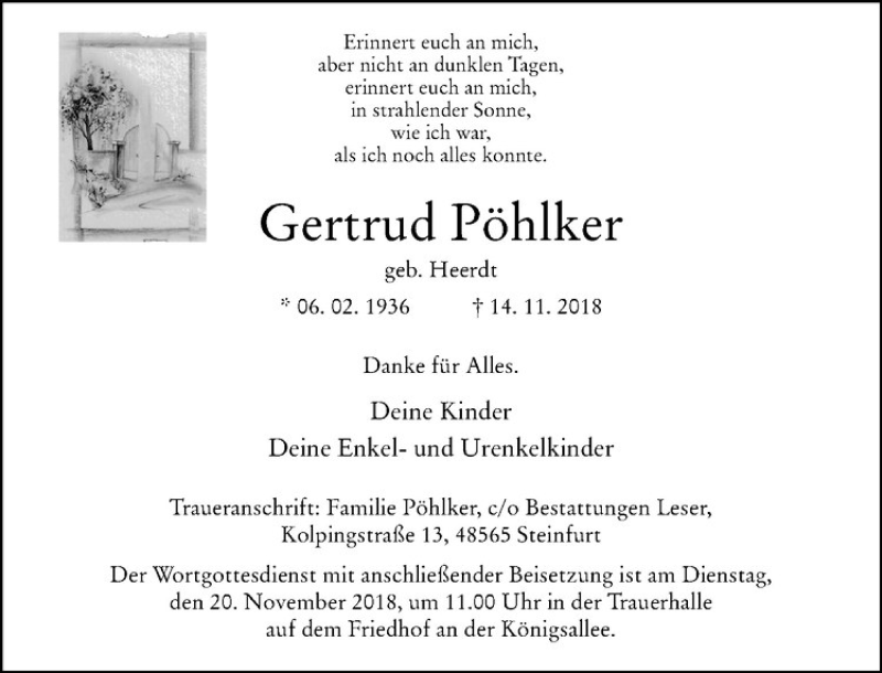  Traueranzeige für Gertrud Pöhlker vom 17.11.2018 aus Westfälische Nachrichten