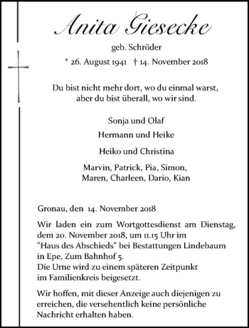 Anzeige von Anita Giesecke von Westfälische Nachrichten