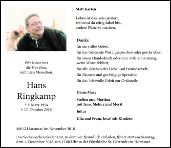 Anzeige von Hans Ringkamp von Westfälische Nachrichten