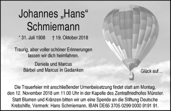 Anzeige von Johannes Schmiemann von Westfälische Nachrichten