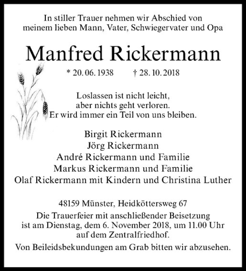  Traueranzeige für Manfred Rickermann vom 03.11.2018 aus Westfälische Nachrichten