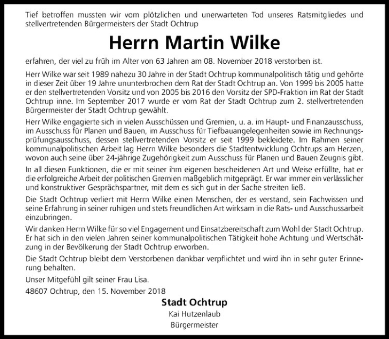  Traueranzeige für Martin Wilke vom 15.11.2018 aus Westfälische Nachrichten