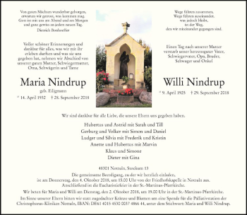 Anzeige von Maria Nindrup von Westfälische Nachrichten