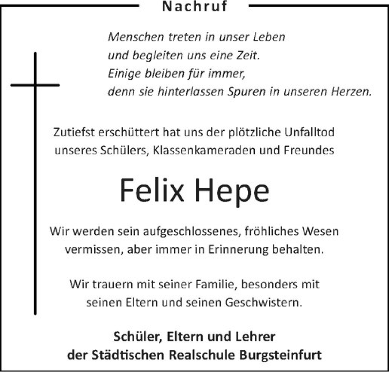  Traueranzeige für Felix Hepe vom 07.11.2018 aus Westfälische Nachrichten