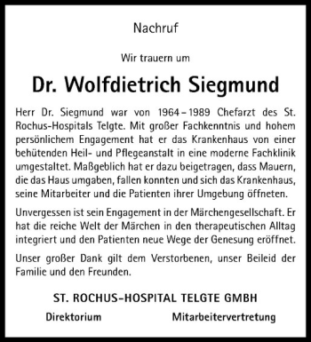 Anzeige von Wolfdietrich Siegmund von Westfälische Nachrichten
