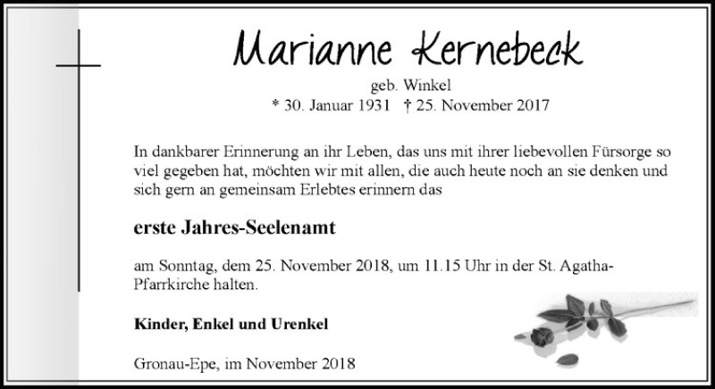  Traueranzeige für Marianne Kernebeck vom 17.11.2018 aus Westfälische Nachrichten