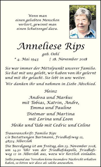 Anzeige von Anneliese Rips von Westfälische Nachrichten