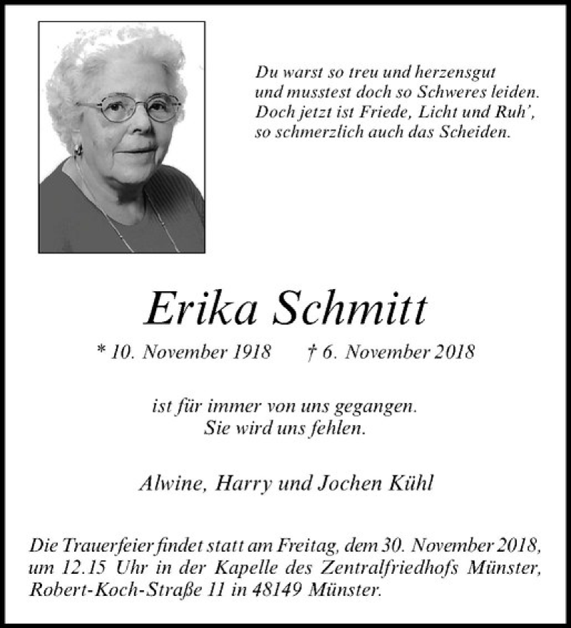 Traueranzeige für Erika Schmitt vom 17.11.2018 aus Westfälische Nachrichten