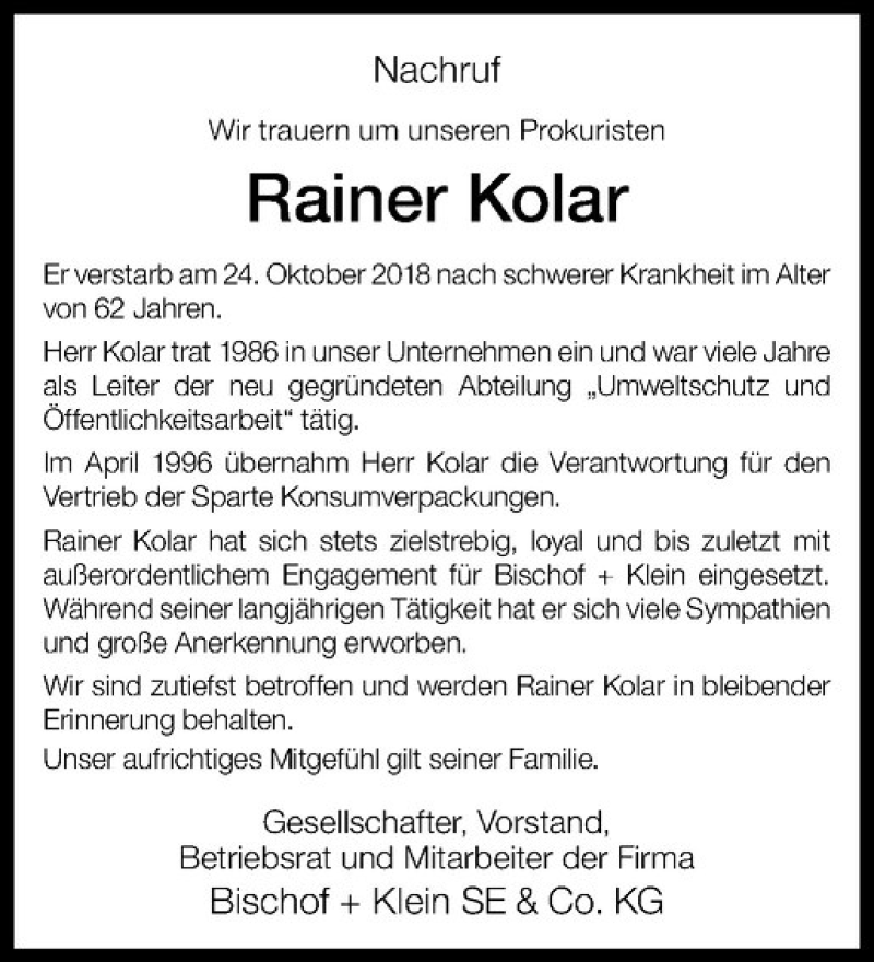  Traueranzeige für Rainer Kolar vom 01.11.2018 aus Westfälische Nachrichten
