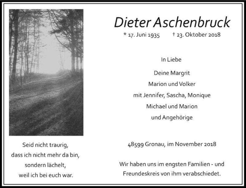  Traueranzeige für Dieter Aschenbruck vom 03.11.2018 aus Westfälische Nachrichten