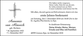 Anzeige von Annemie van Almsick von Westfälische Nachrichten