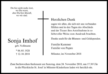 Anzeige von Sonja Imhof von Westfälische Nachrichten