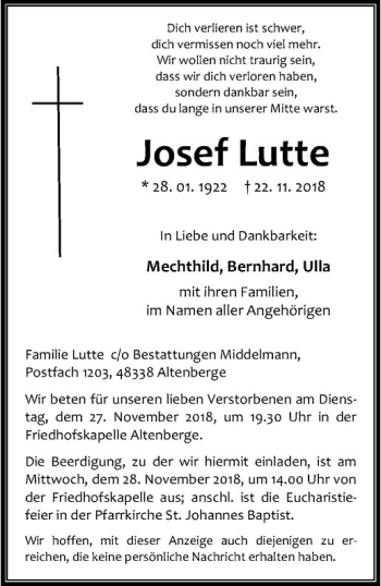 Anzeige von Josef Lutte von Westfälische Nachrichten