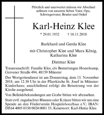 Anzeige von Karl-Heinz Klee von Westfälische Nachrichten