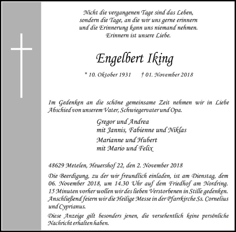  Traueranzeige für Engelbert Iking vom 03.11.2018 aus Westfälische Nachrichten