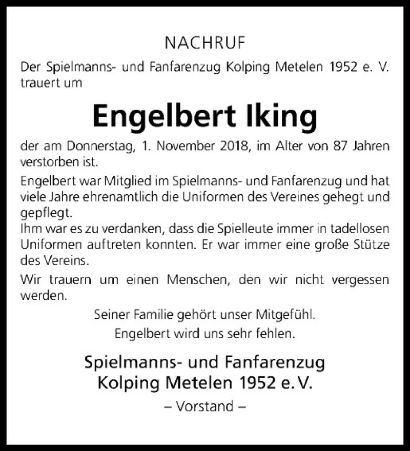  Traueranzeige für Engelbert Iking vom 06.11.2018 aus Westfälische Nachrichten