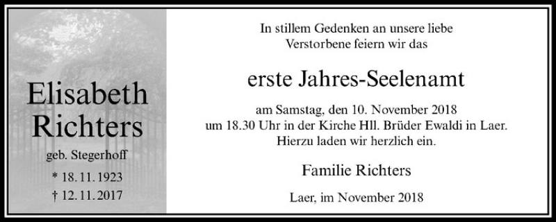  Traueranzeige für Elisabeth Richters vom 07.11.2018 aus Westfälische Nachrichten