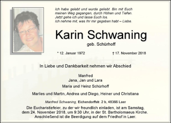 Anzeige von Karin Schwaning von Westfälische Nachrichten