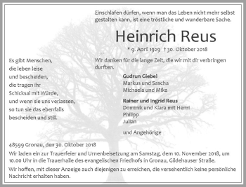 Anzeige von Heinrich Reus von Westfälische Nachrichten