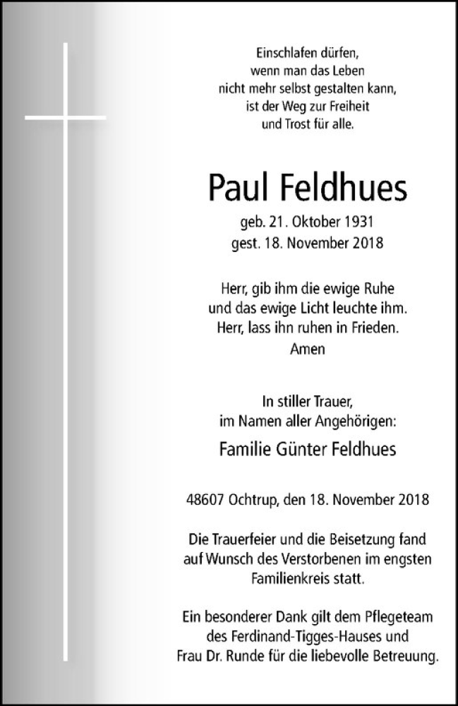  Traueranzeige für Paul Feldhues vom 26.11.2018 aus Westfälische Nachrichten