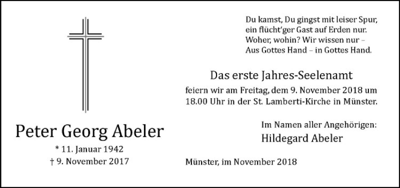  Traueranzeige für Peter Georg Abeler vom 03.11.2018 aus Westfälische Nachrichten