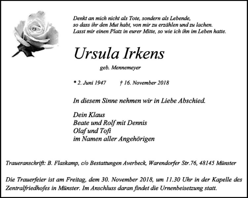  Traueranzeige für Ursula Irkens vom 24.11.2018 aus Westfälische Nachrichten