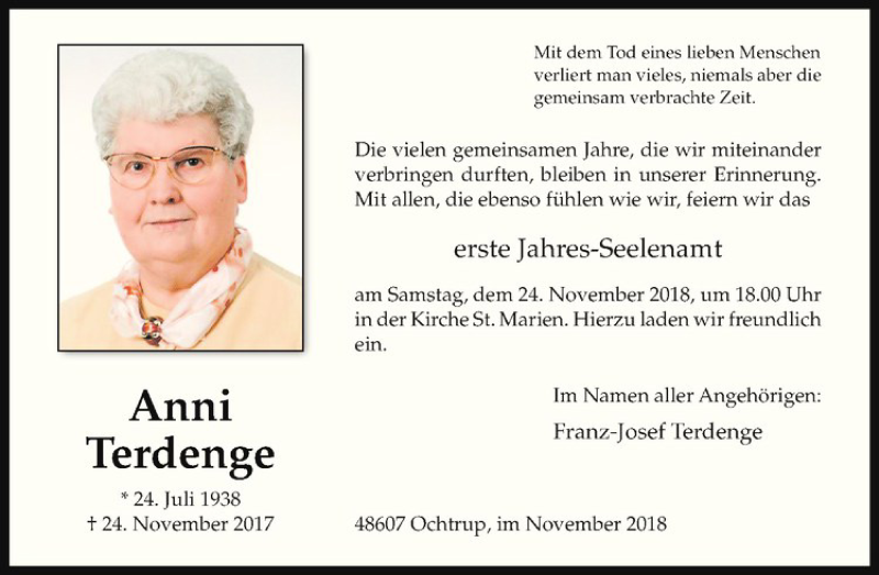  Traueranzeige für Anni Terdenge vom 21.11.2018 aus Westfälische Nachrichten