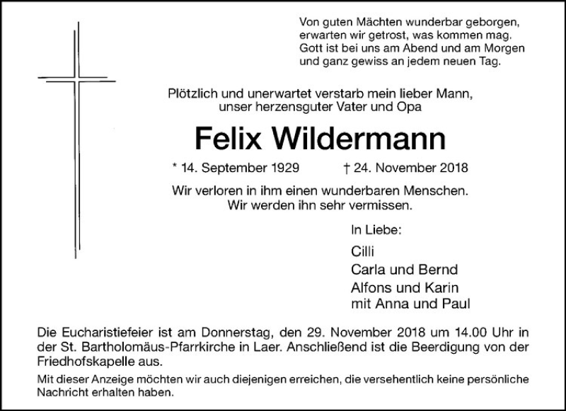  Traueranzeige für Felix Wildermann vom 27.11.2018 aus Westfälische Nachrichten