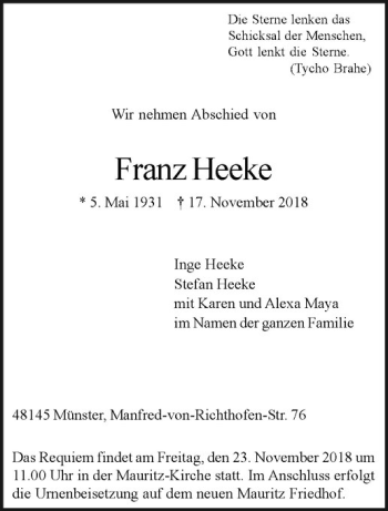 Anzeige von Franz Heeke von Westfälische Nachrichten