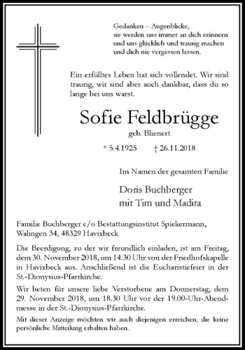 Anzeige von Sofie Feldbrügge von Westfälische Nachrichten