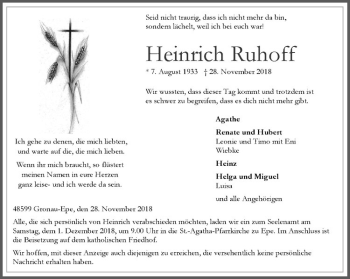 Anzeige von Heinrich Ruhoff von Westfälische Nachrichten