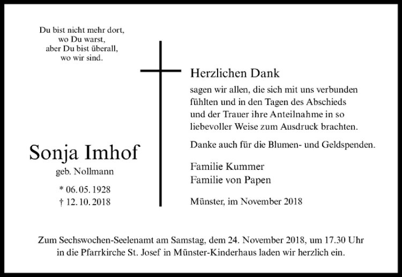  Traueranzeige für Sonja Imhof vom 21.11.2018 aus Westfälische Nachrichten
